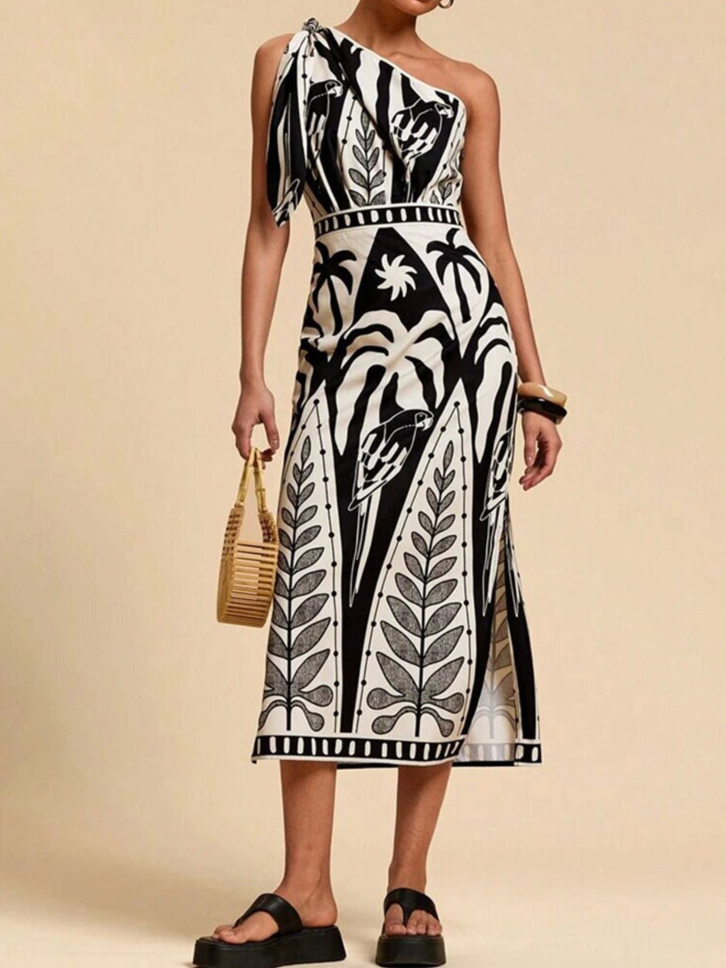 One - Shoulder Tropical Print Midi Dress - Che Cose Belle