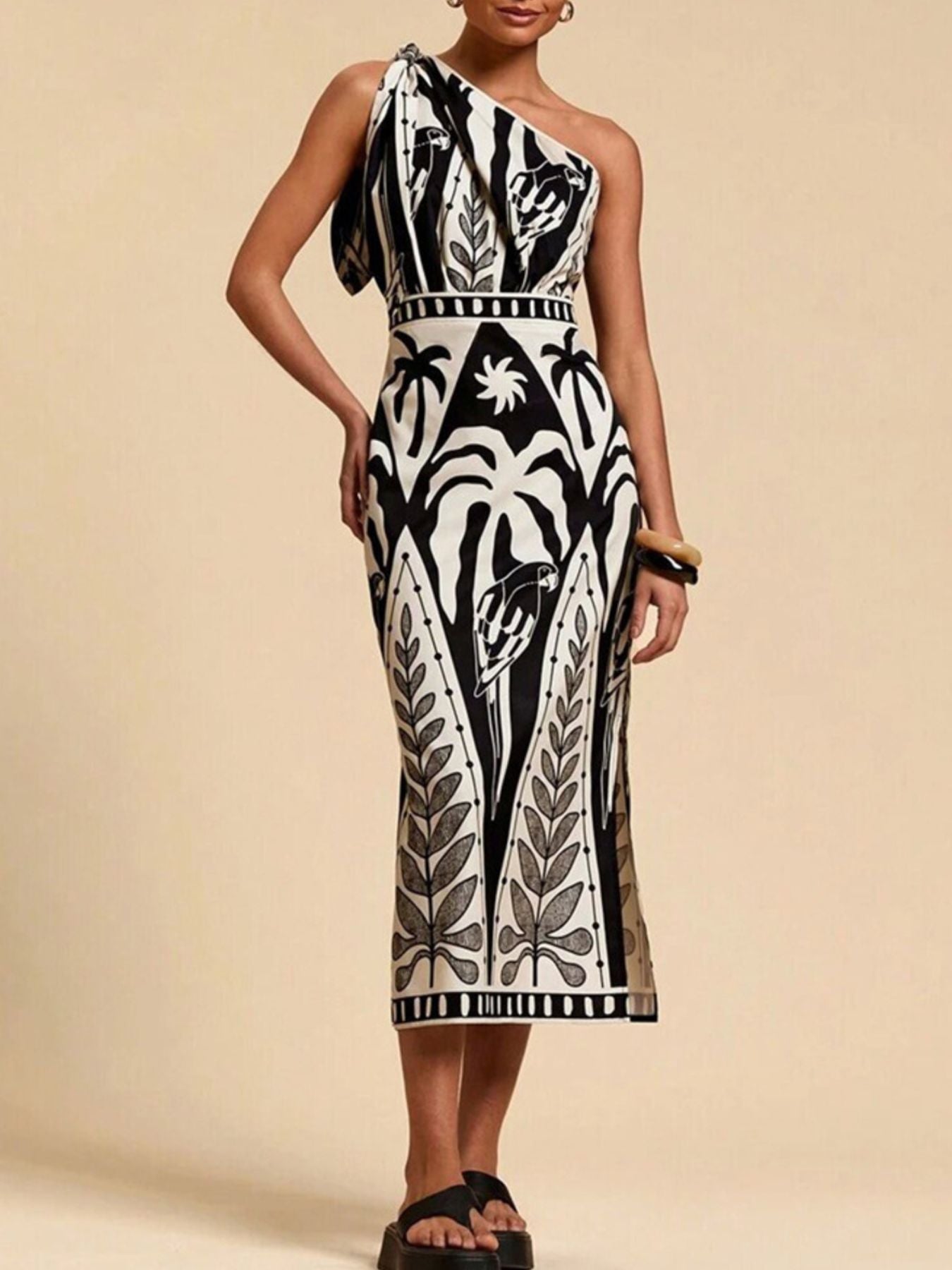 One - Shoulder Tropical Print Midi Dress - Che Cose Belle