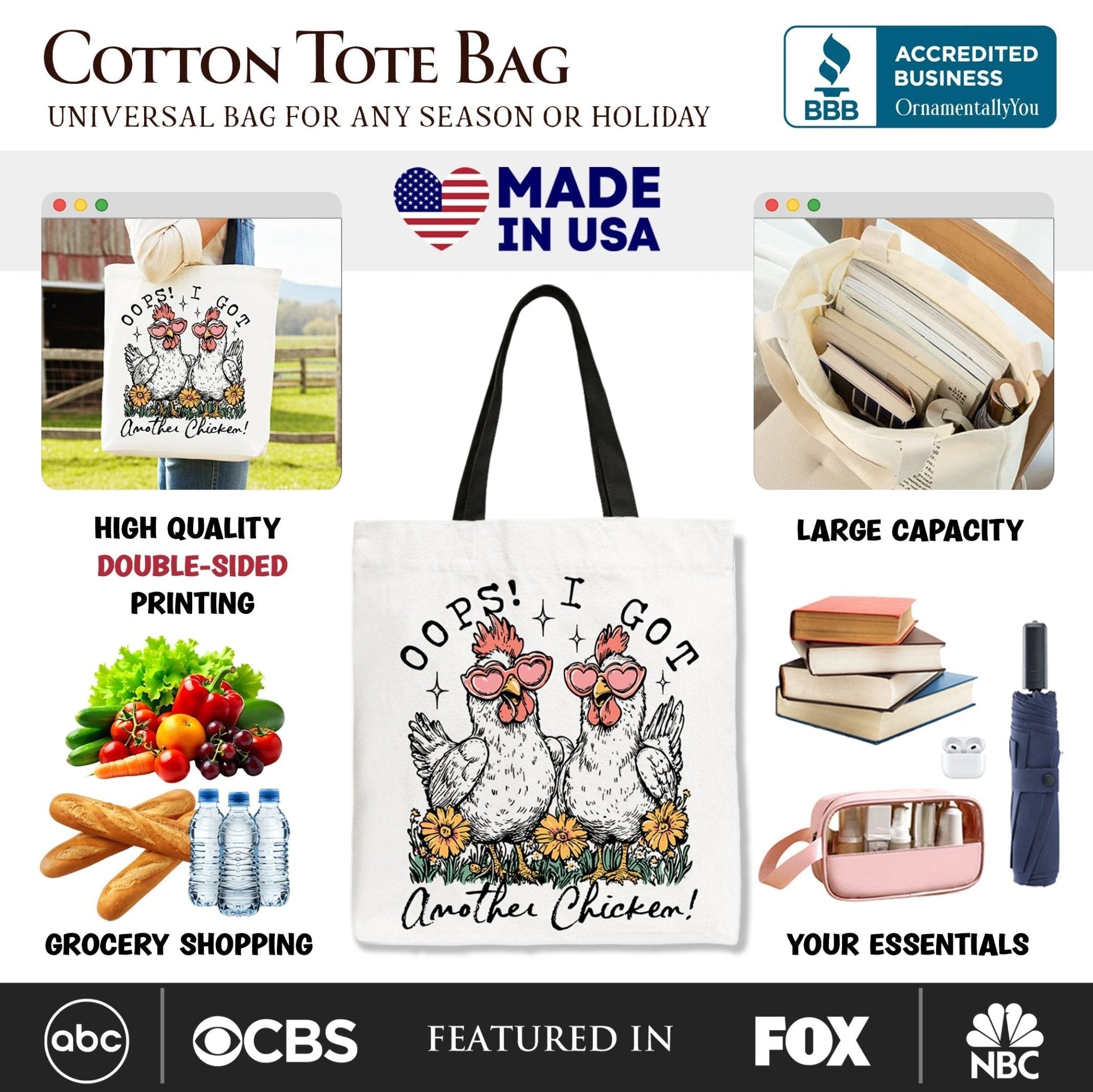 Oops I Got Another Chicken Canvas Tote Bag, Funny Farm Animal Gift Shopper - Che Cose Belle