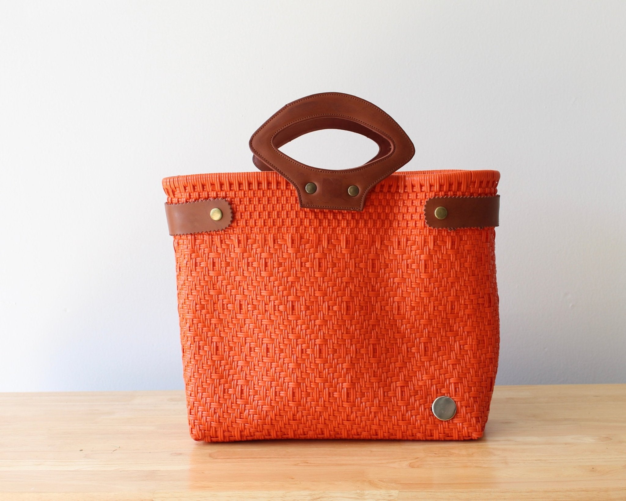 Orange Handwoven Tote Bag with Leather Handles - Che Cose Belle