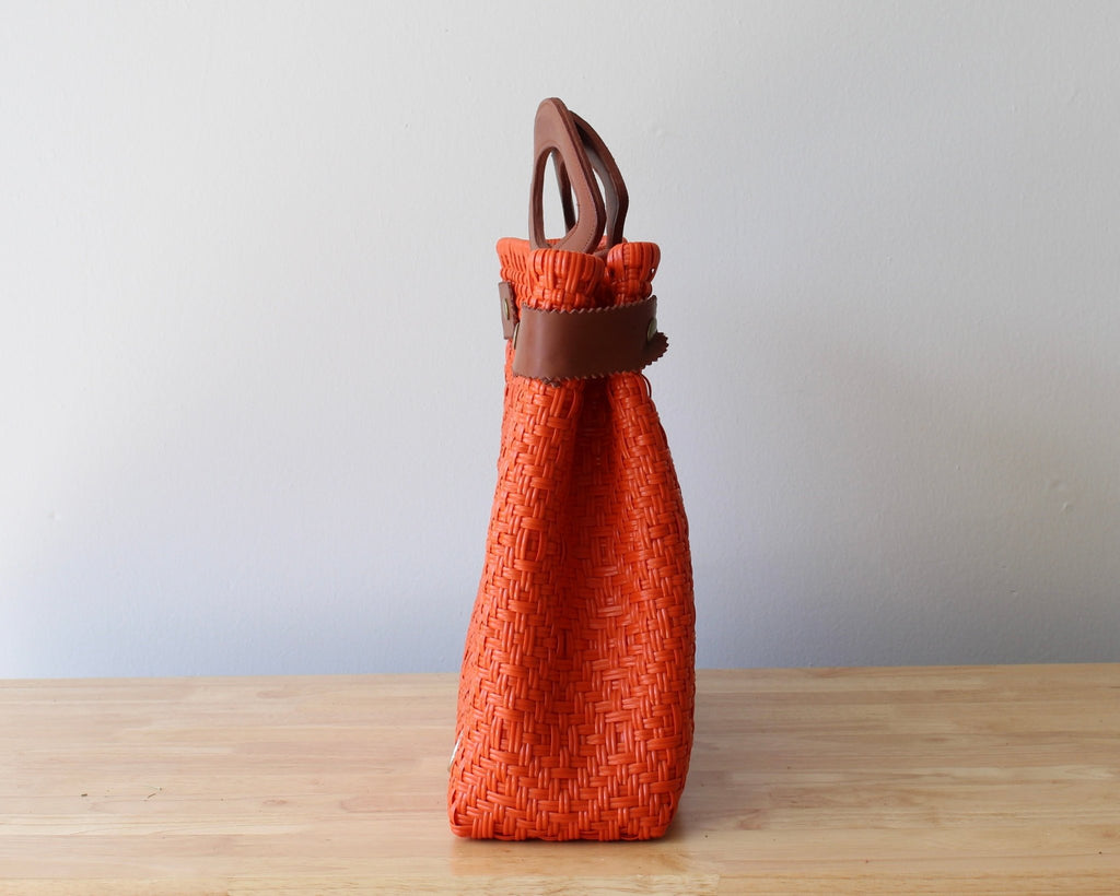 Orange Handwoven Tote Bag with Leather Handles - Che Cose Belle