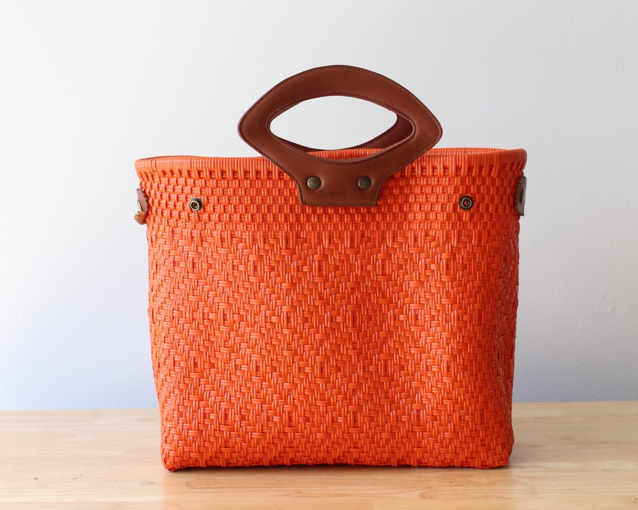 Orange Handwoven Tote Bag with Leather Handles - Che Cose Belle