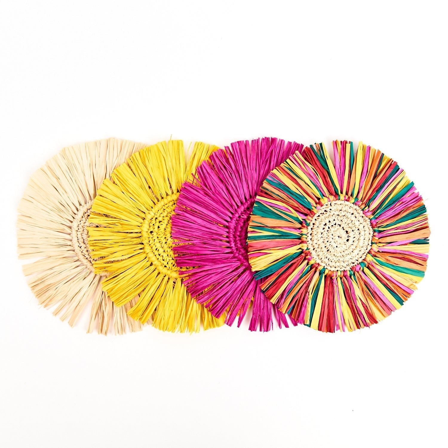 Pahiyas Woven Fringe Raffia Coasters Rainbow, Set of 4 - Che Cose Belle