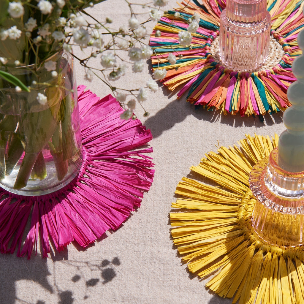 Pahiyas Woven Fringe Raffia Coasters Rainbow, Set of 4 - Che Cose Belle