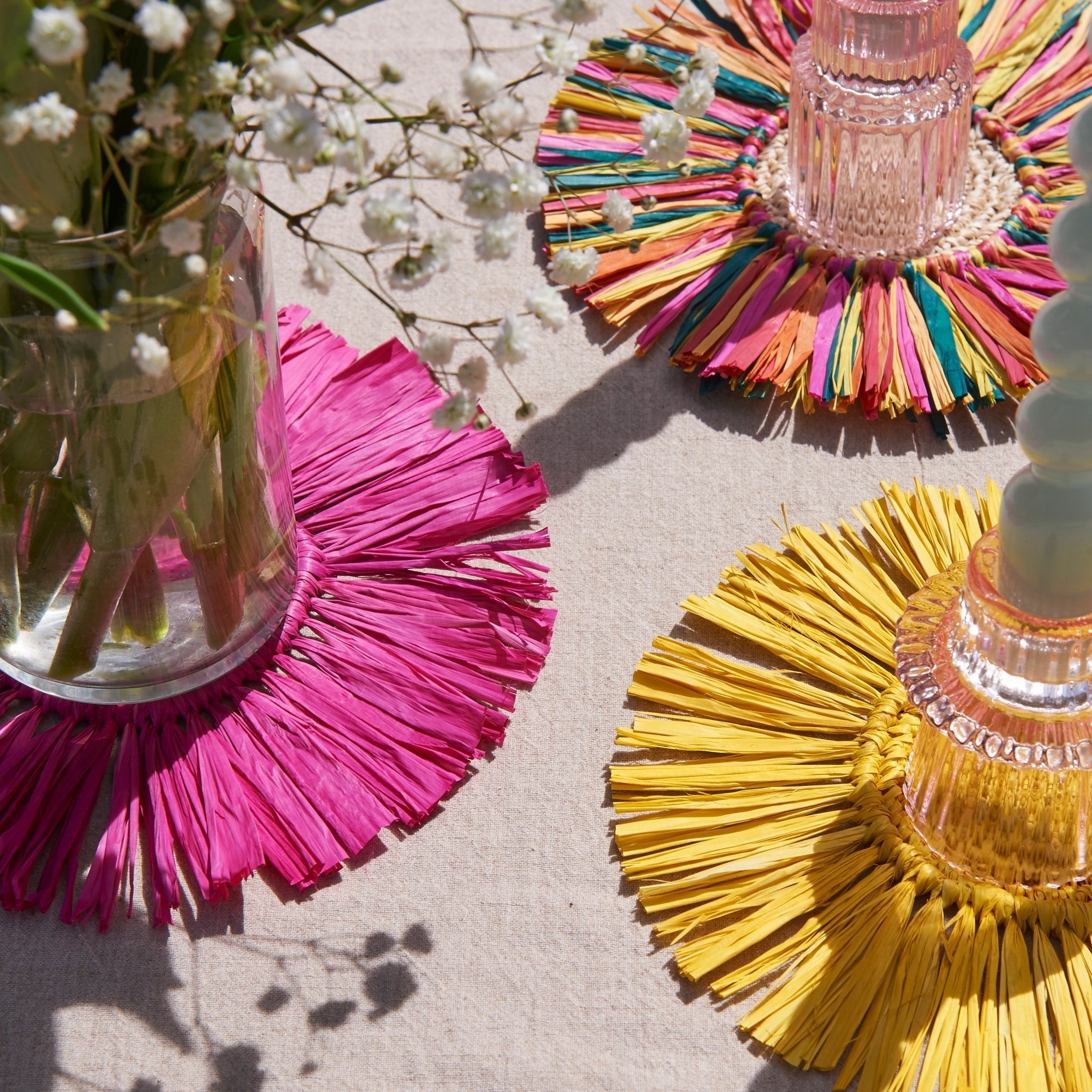 Pahiyas Woven Fringe Raffia Coasters Rainbow, Set of 4 - Che Cose Belle