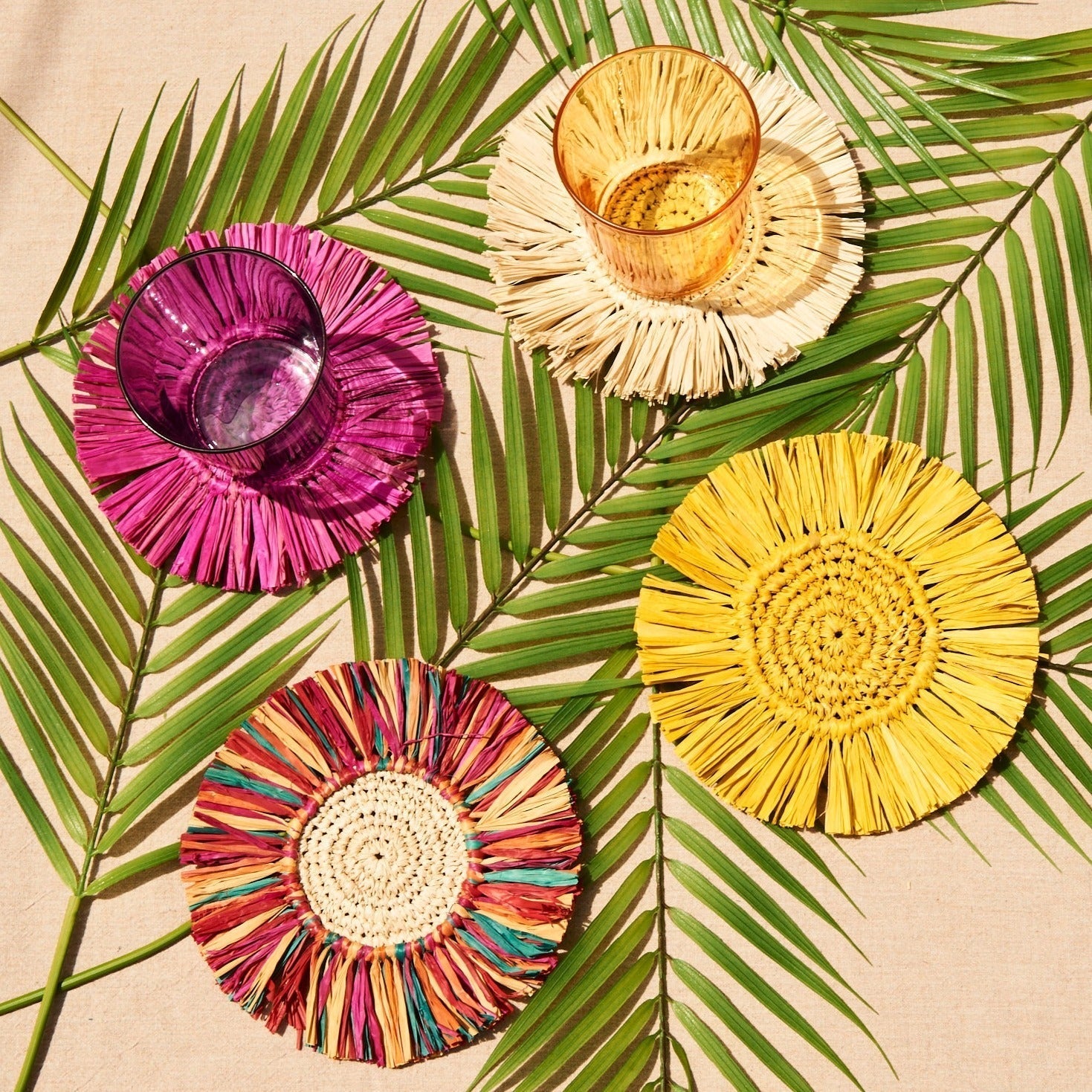Pahiyas Woven Fringe Raffia Coasters Rainbow, Set of 4 - Che Cose Belle
