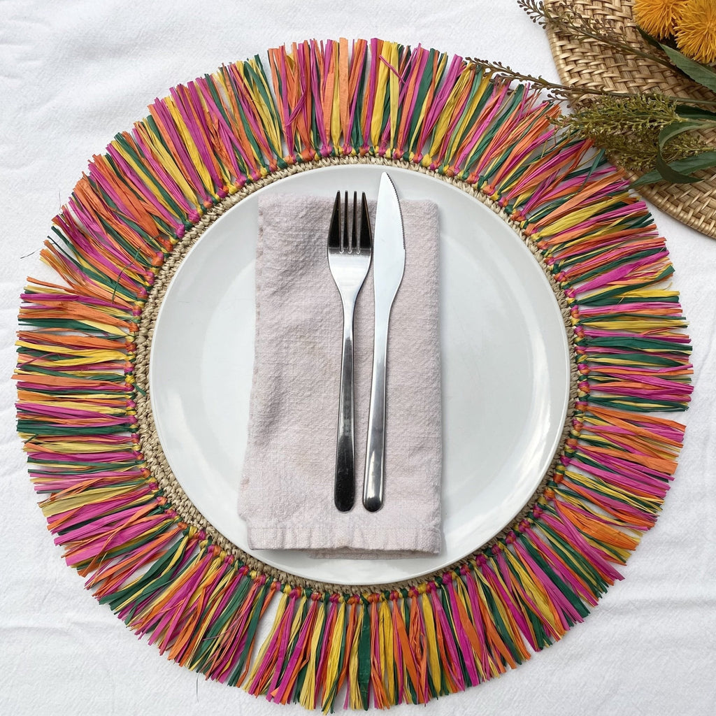 Pahiyas Woven Raffia Fringe Placemats Multi Rainbow, Set of 2 - Che Cose Belle