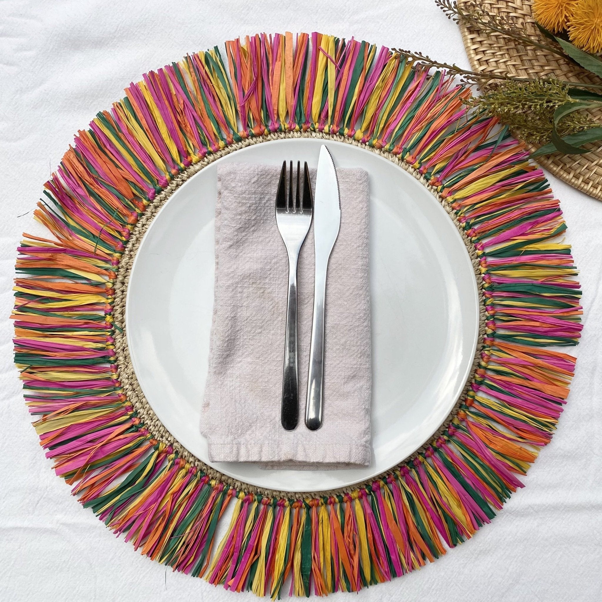 Pahiyas Woven Raffia Fringe Placemats Multi Rainbow, Set of 2 - Che Cose Belle