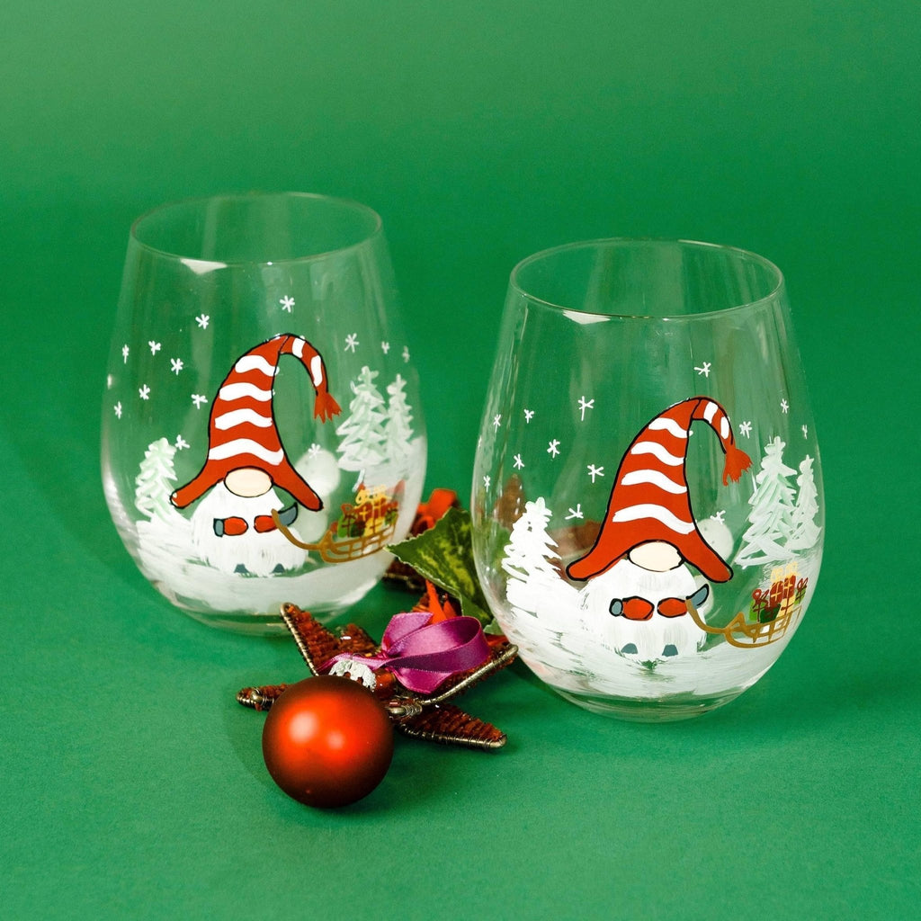 Painted Christmas Gnome Stemless Wine Glasses - Che Cose Belle