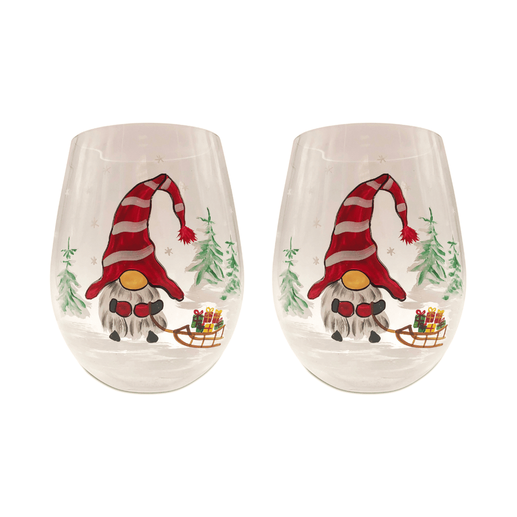 Painted Christmas Gnome Stemless Wine Glasses - Che Cose Belle