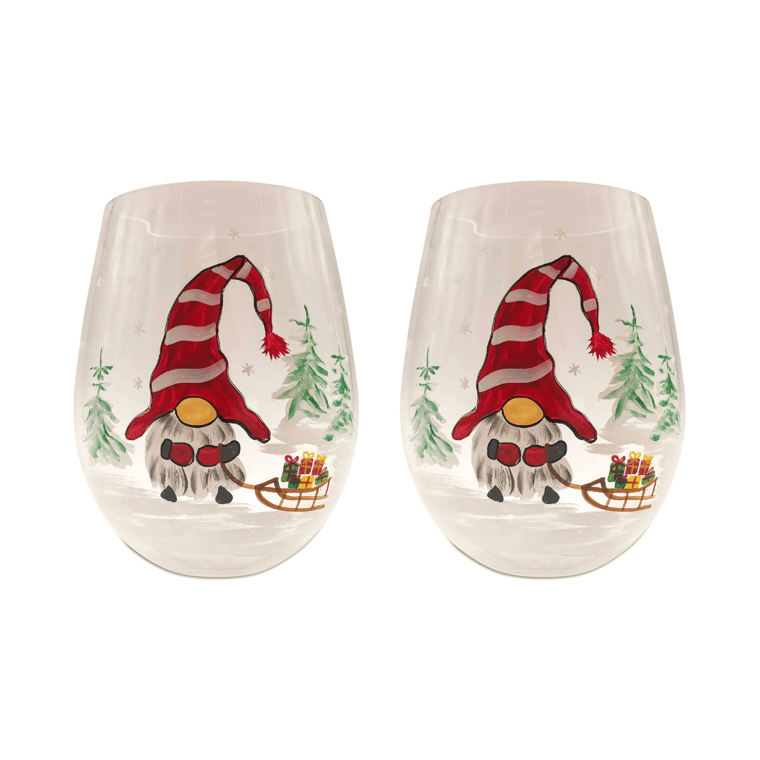 Painted Christmas Gnome Stemless Wine Glasses - Che Cose Belle