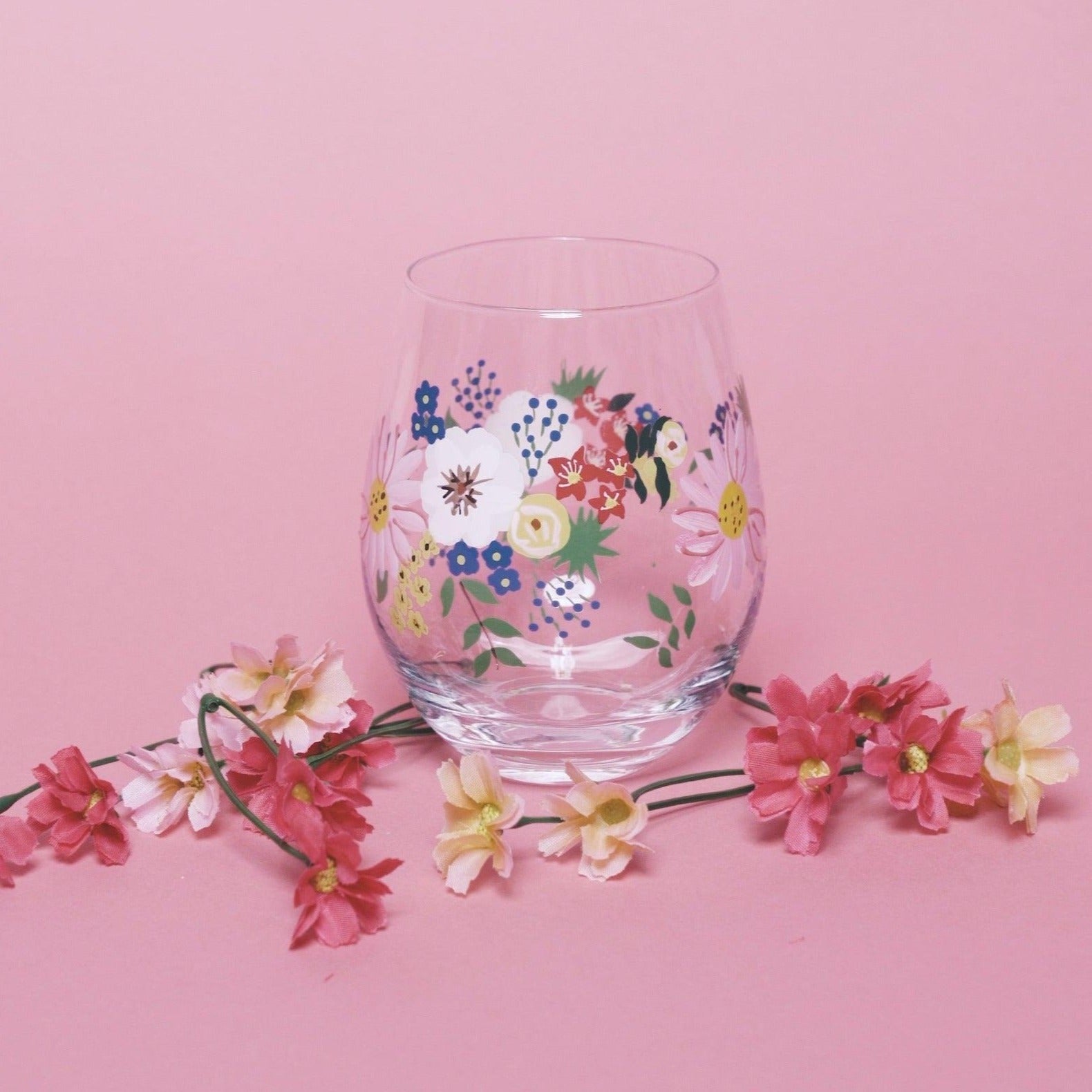 Painted Floral Stemless Wine Glasses - Che Cose Belle