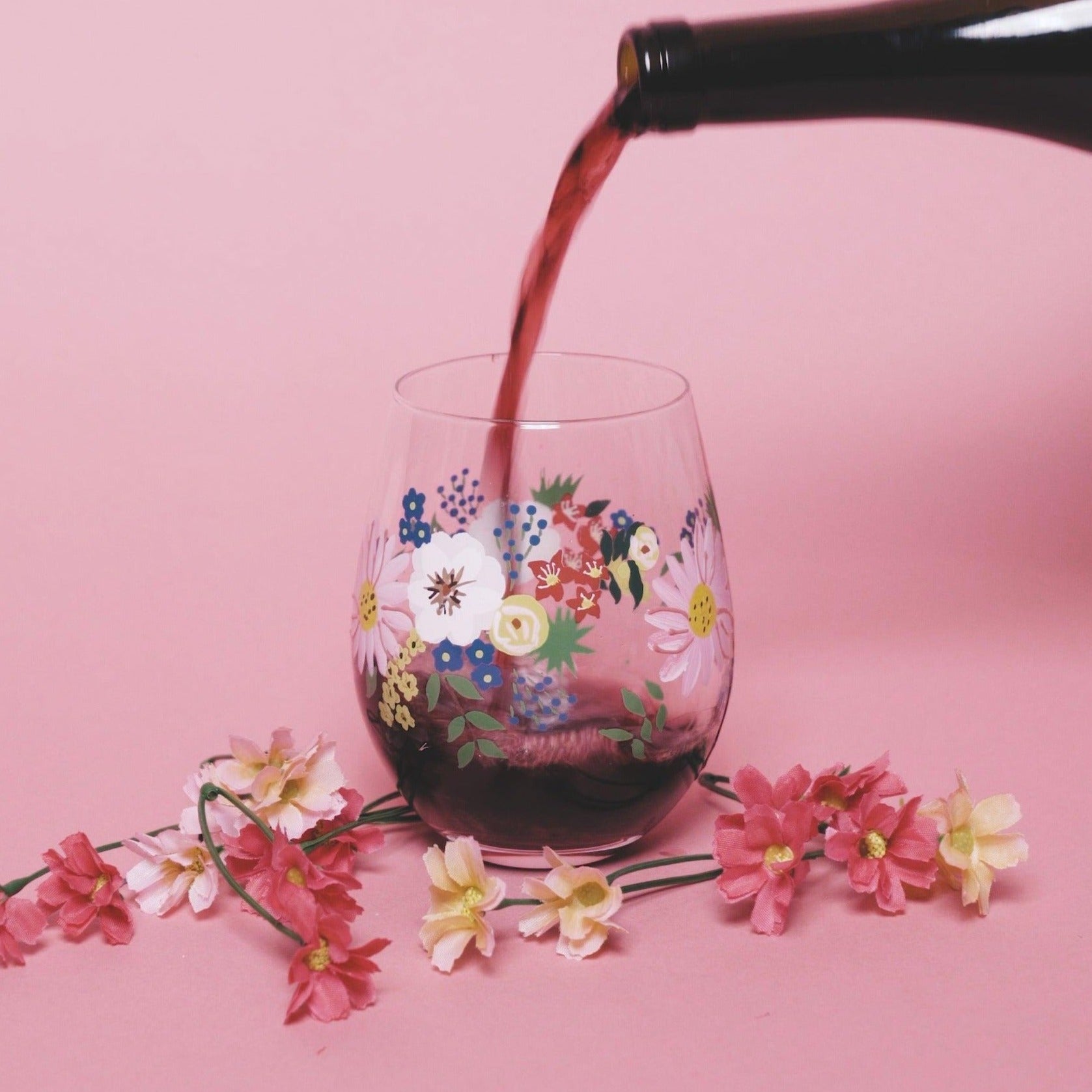 Painted Floral Stemless Wine Glasses - Che Cose Belle