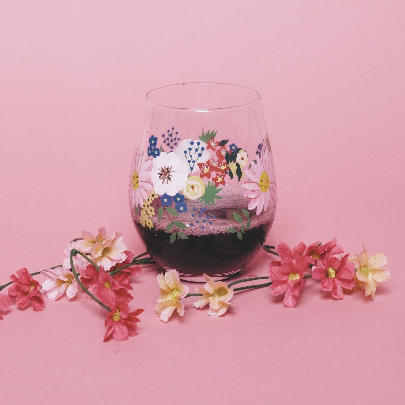 Painted Floral Stemless Wine Glasses - Che Cose Belle