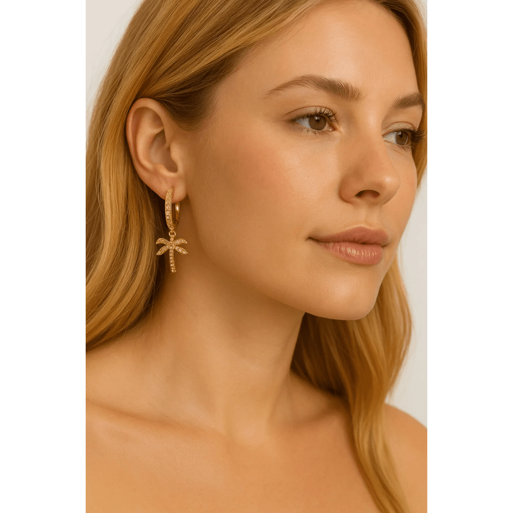 Palm Tree Hoop Earrings – Gold or Silver with Cubic Zirconia - Che Cose Belle