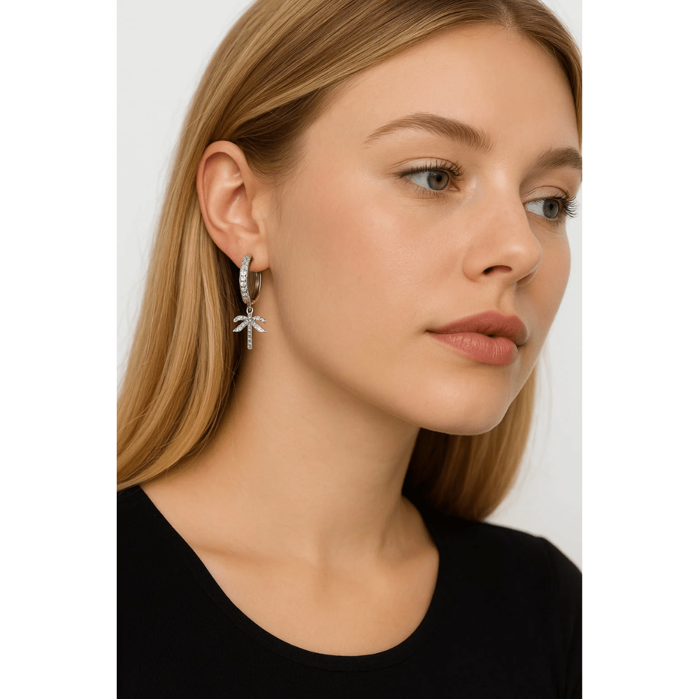 Palm Tree Hoop Earrings – Gold or Silver with Cubic Zirconia - Che Cose Belle