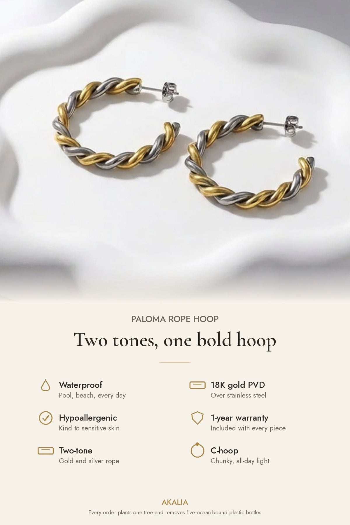 Paloma Waterproof Two-Tone Chunky Rope Hoop Earring - Che Cose Belle