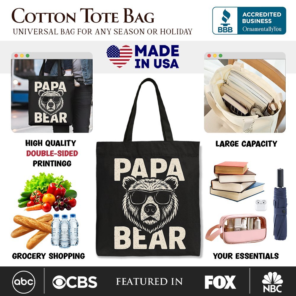 Papa Bear Sunglasses Canvas Tote Bag, Black Vintage Gift Shopper for Cool Dads - Che Cose Belle