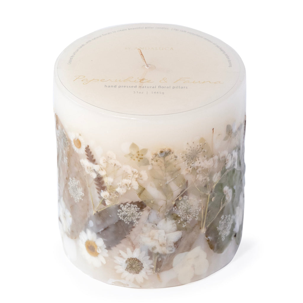 Paperwhite & Fauna Pressed Flower Pillar Candle - Che Cose Belle