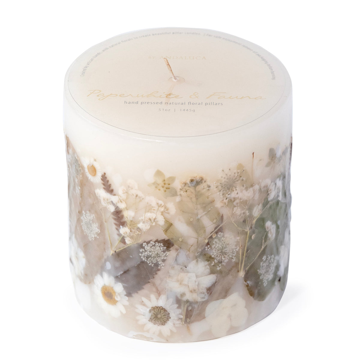 Paperwhite & Fauna Pressed Flower Pillar Candle - Che Cose Belle