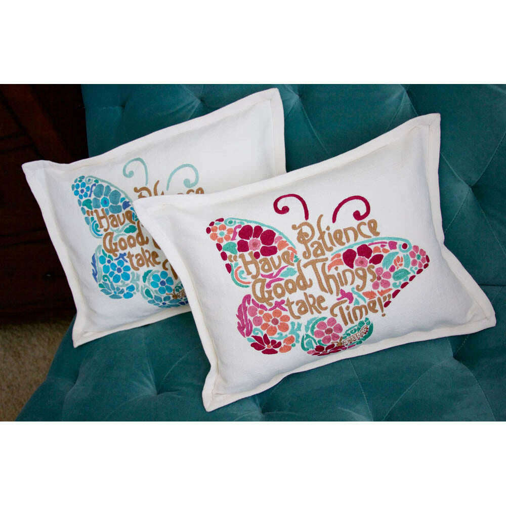 Patience Butterfly Love Letters Hand-Embroidered Pillow - Available in Pink or Blue by CatStudio - Che Cose Belle