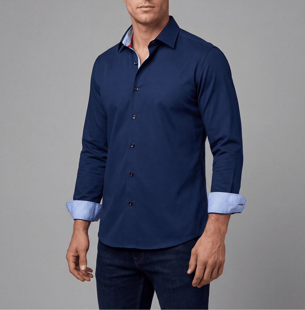 Paul// Cotton Knit-Stretch Button-Up Shirt With Contrast Details // Navy // Tailored Fit (Fitted) - Che Cose Belle