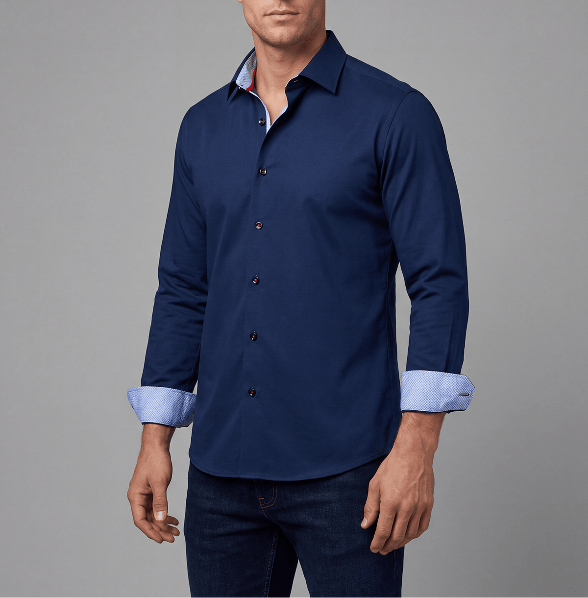 Paul// Cotton Knit-Stretch Button-Up Shirt With Contrast Details // Navy // Tailored Fit (Fitted) - Che Cose Belle