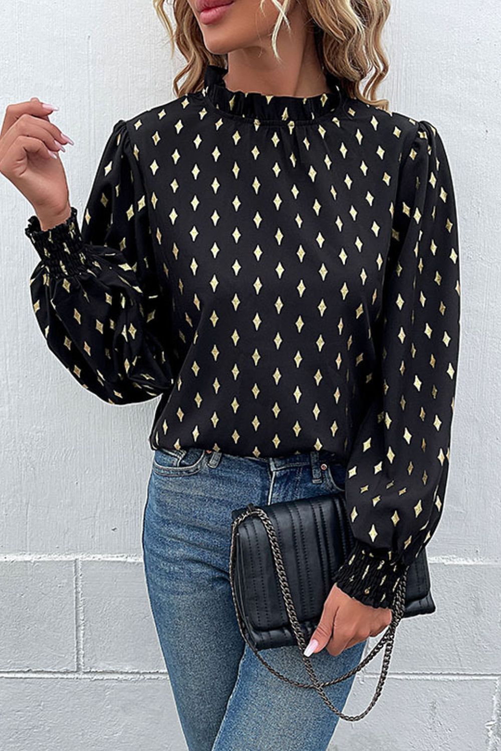 Perfee Geometric Print Frill Neck Lantern Sleeve Blouse - Che Cose Belle