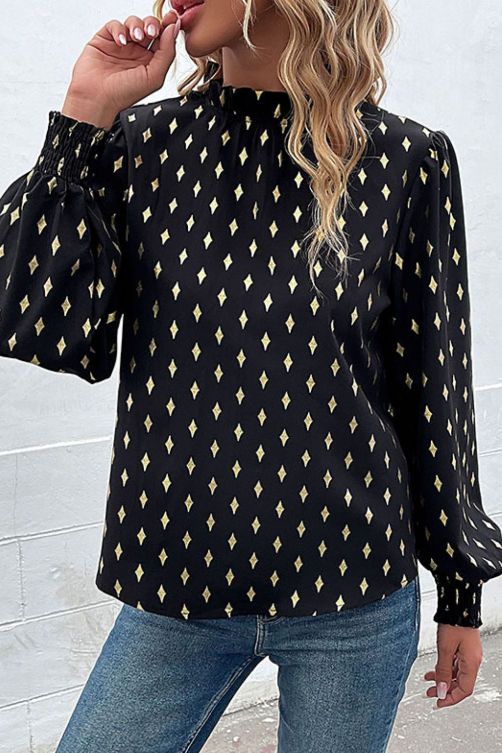 Perfee Geometric Print Frill Neck Lantern Sleeve Blouse - Che Cose Belle