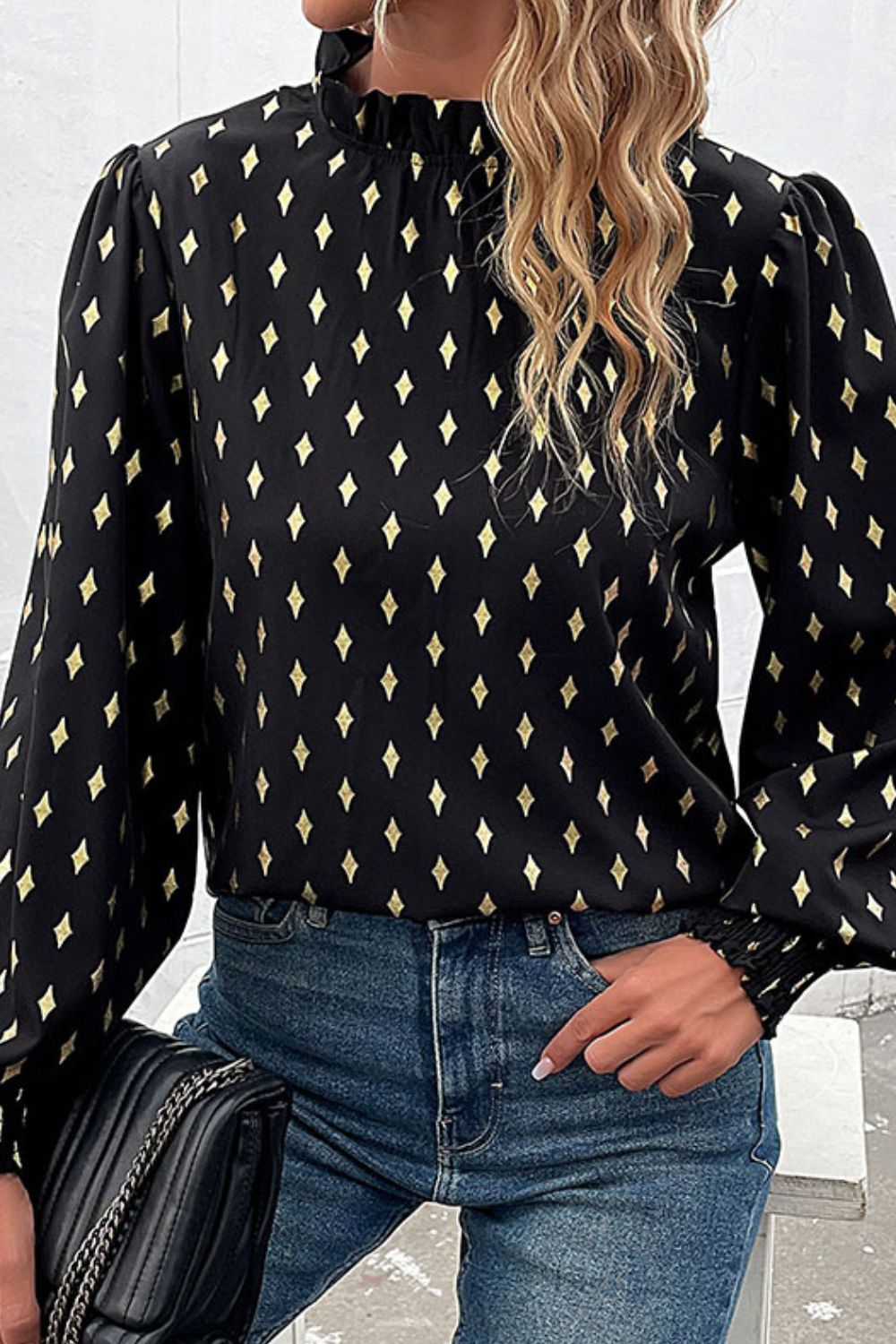 Perfee Geometric Print Frill Neck Lantern Sleeve Blouse - Che Cose Belle