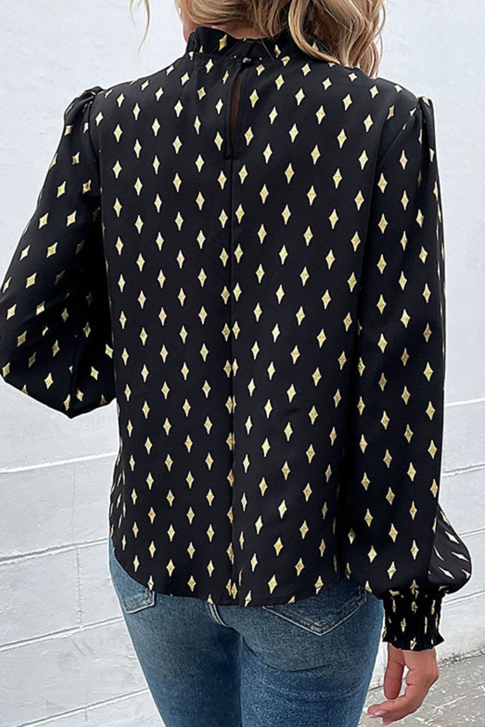 Perfee Geometric Print Frill Neck Lantern Sleeve Blouse - Che Cose Belle