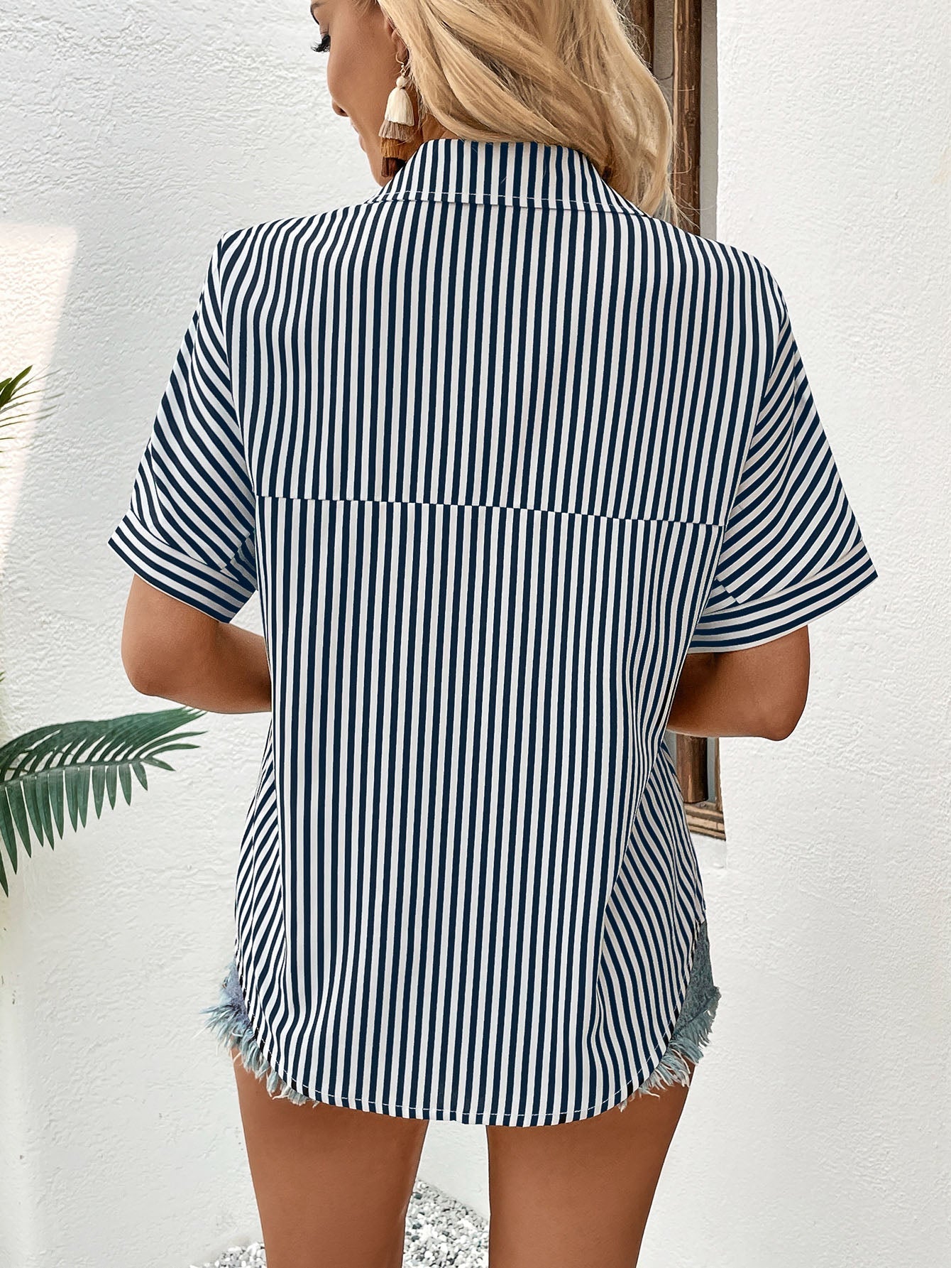 Perfee Lapel Collar Short Sleeve Blouse - Che Cose Belle
