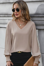 Perfee Pleated Lantern Sleeve V - Neck Blouse - Che Cose Belle