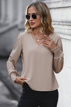 Perfee Pleated Lantern Sleeve V - Neck Blouse - Che Cose Belle