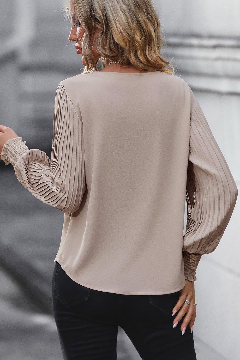 Perfee Pleated Lantern Sleeve V - Neck Blouse - Che Cose Belle