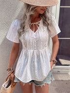 Perfee Tied Decorative Buttons Short Puff Sleeve Blouse - Che Cose Belle