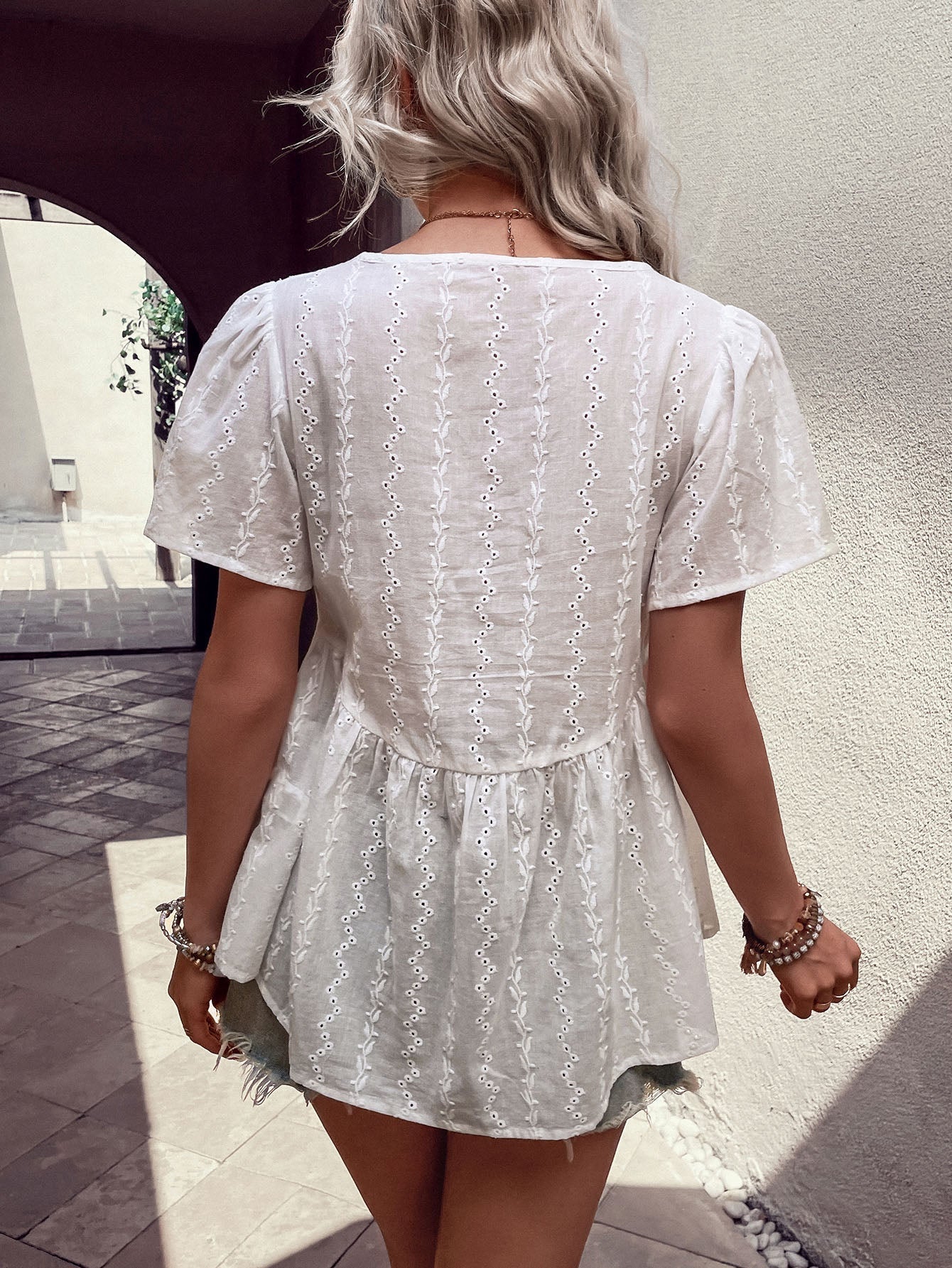 Perfee Tied Decorative Buttons Short Puff Sleeve Blouse - Che Cose Belle