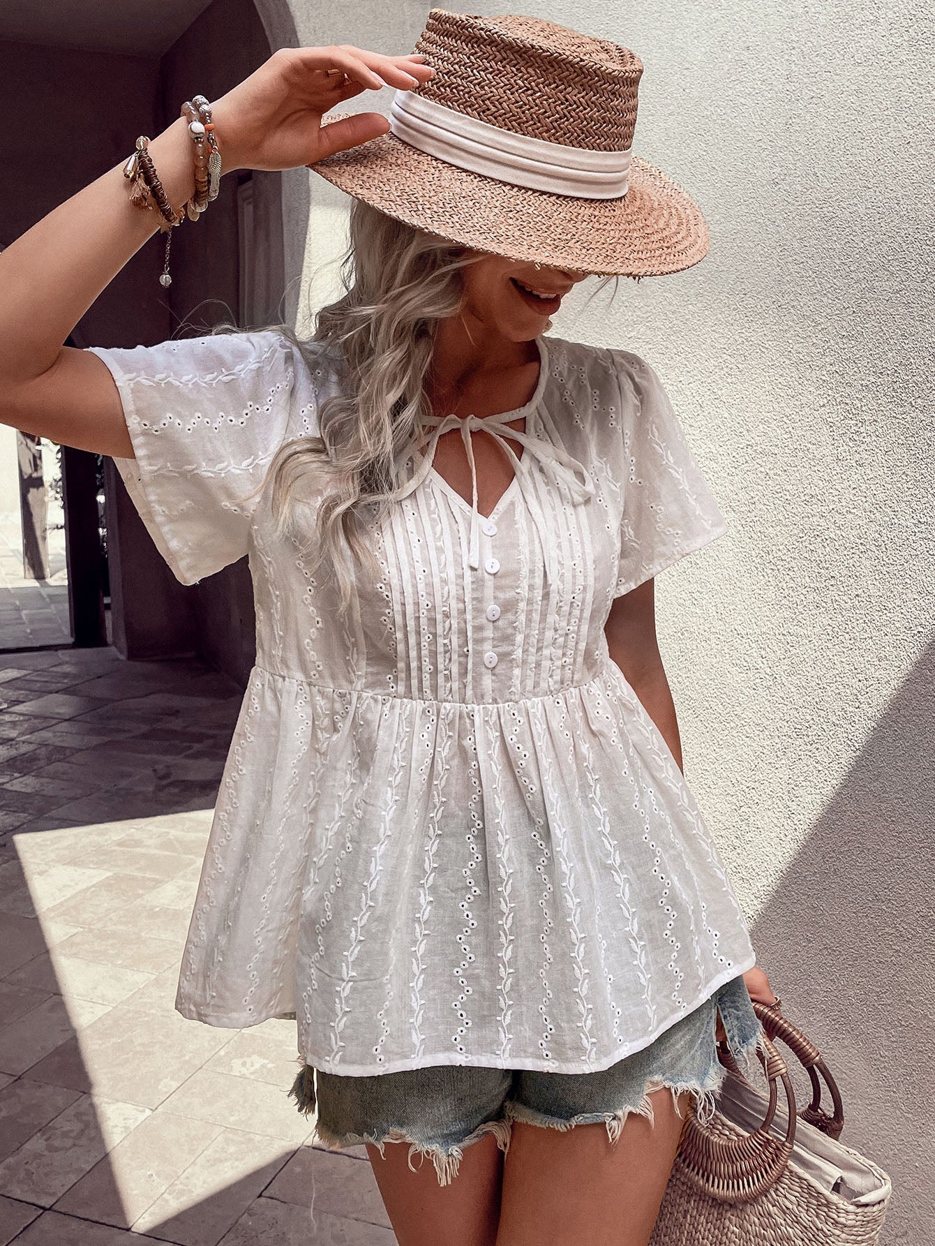 Perfee Tied Decorative Buttons Short Puff Sleeve Blouse - Che Cose Belle