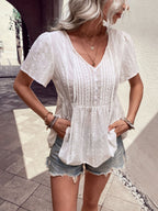 Perfee Tied Decorative Buttons Short Puff Sleeve Blouse - Che Cose Belle