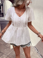Perfee Tied Decorative Buttons Short Puff Sleeve Blouse - Che Cose Belle