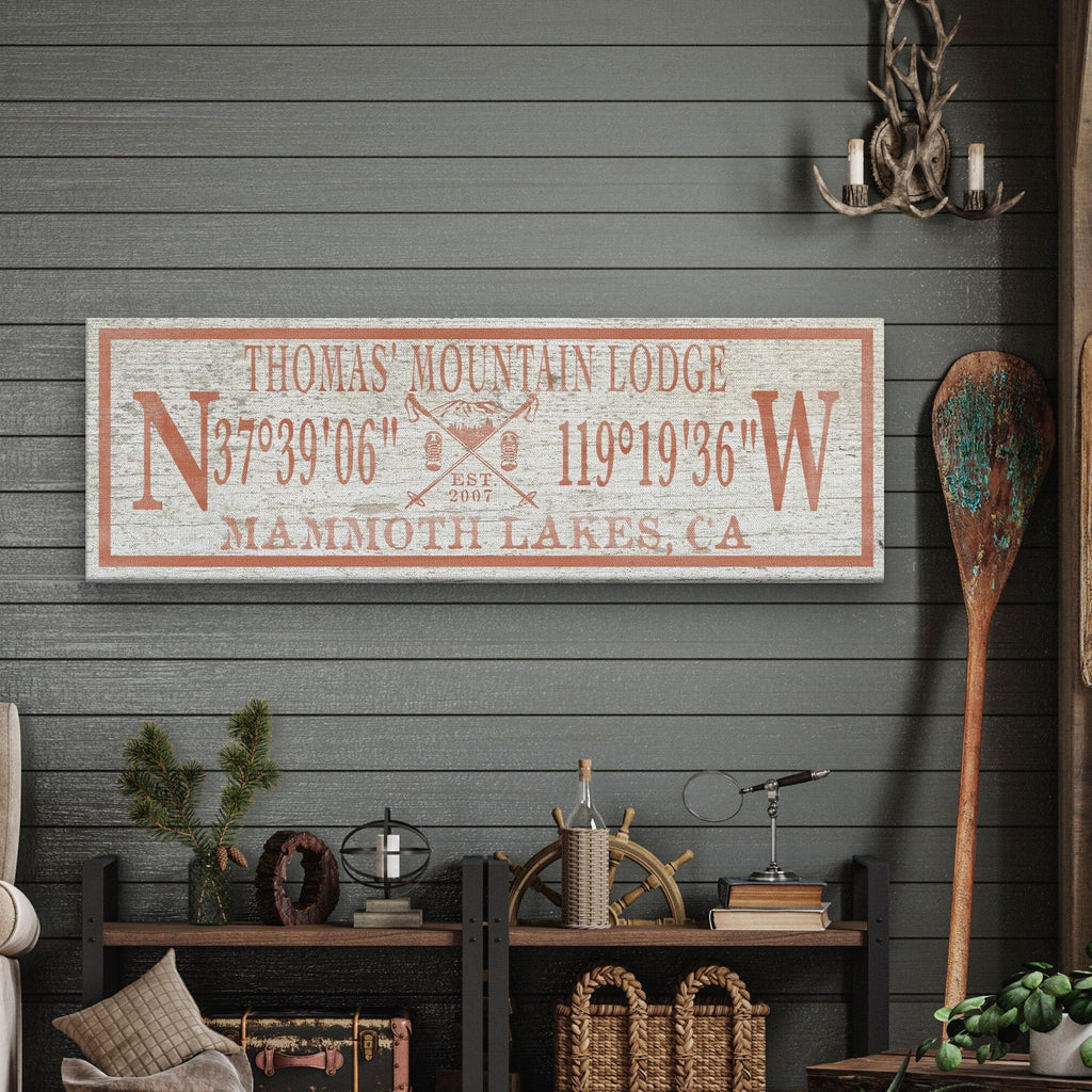 Personalized Coordinates Canvas Ski Lodge Sign - Family Name Cabin Decor - Che Cose Belle