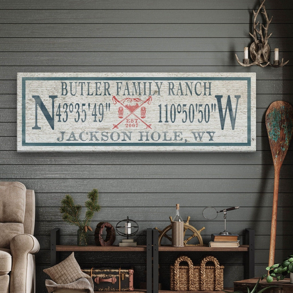 Personalized Coordinates Canvas Ski Lodge Sign - Family Name Cabin Decor - Che Cose Belle