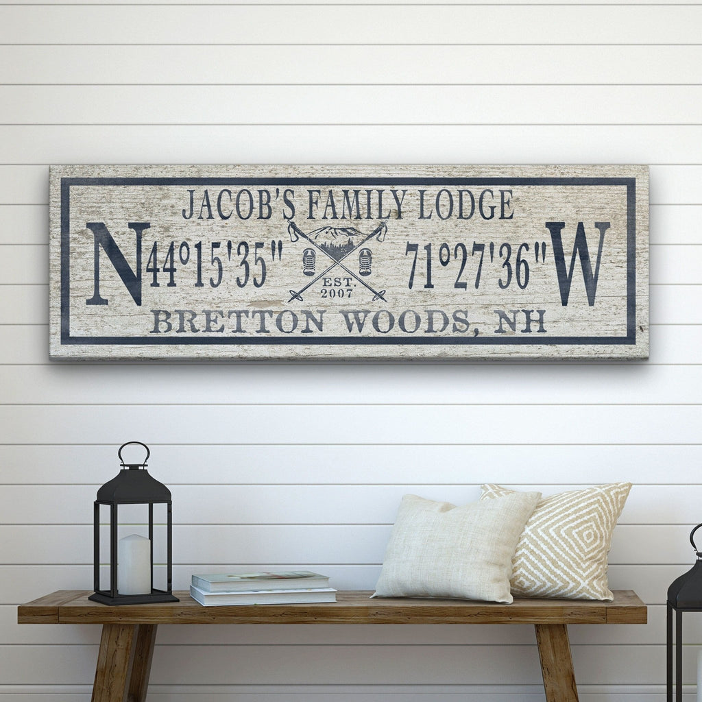 Personalized Coordinates Canvas Ski Lodge Sign - Family Name Cabin Decor - Che Cose Belle