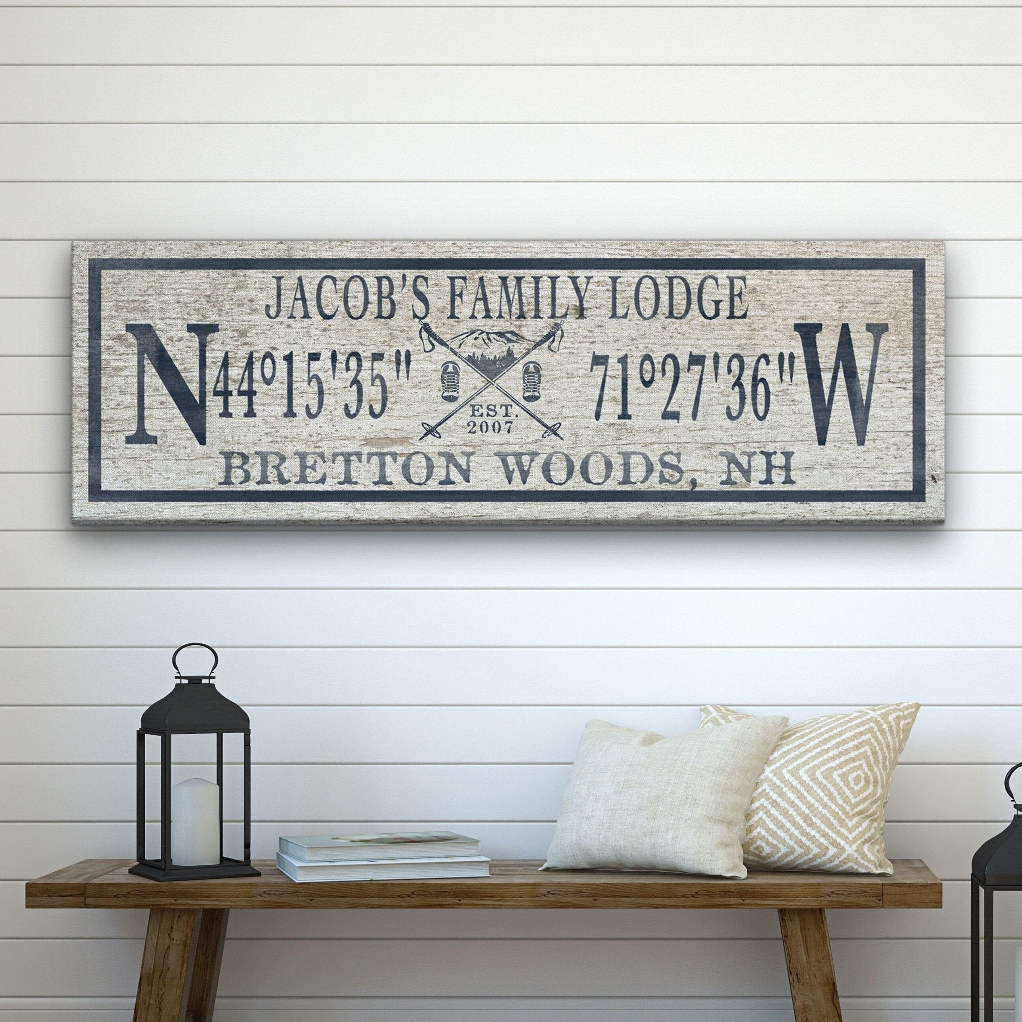 Personalized Coordinates Canvas Ski Lodge Sign - Family Name Cabin Decor - Che Cose Belle
