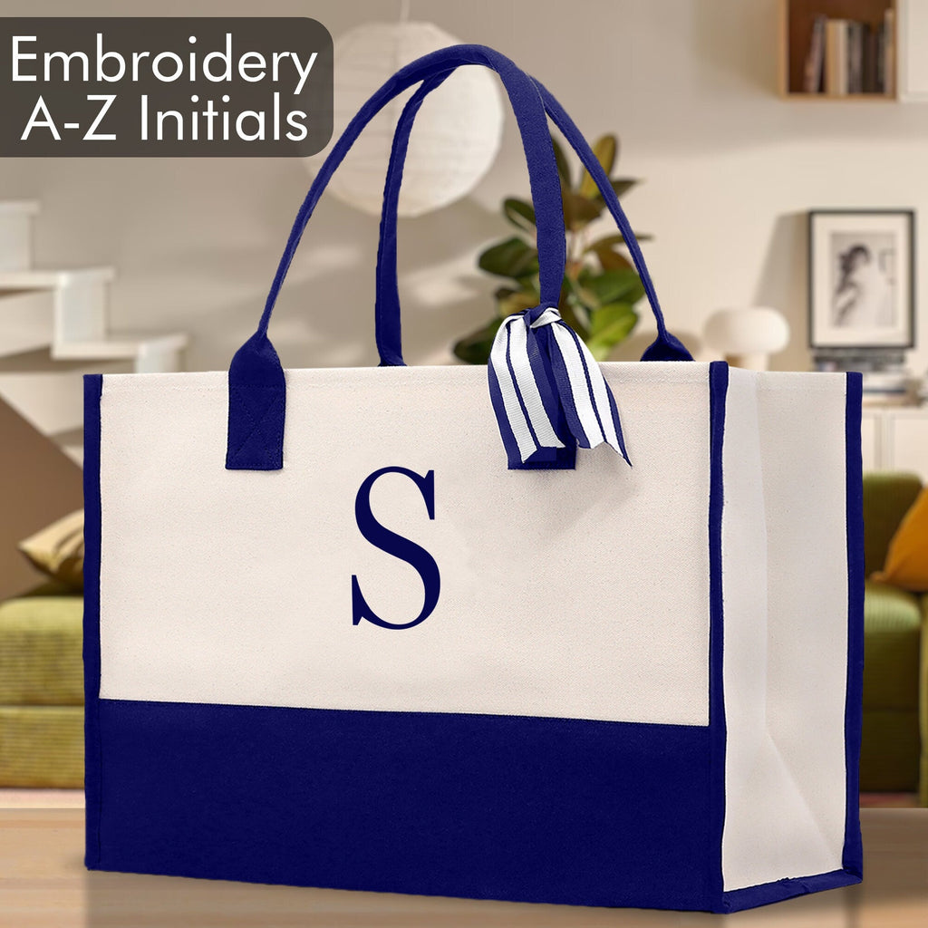 Personalized Cotton Canvas Beach Tote Bag Monogram Tote Bag Initial Canvas Tote Bridesmaid Gift Tote Custom Beach Bag Gift for Her A - Z - Che Cose Belle