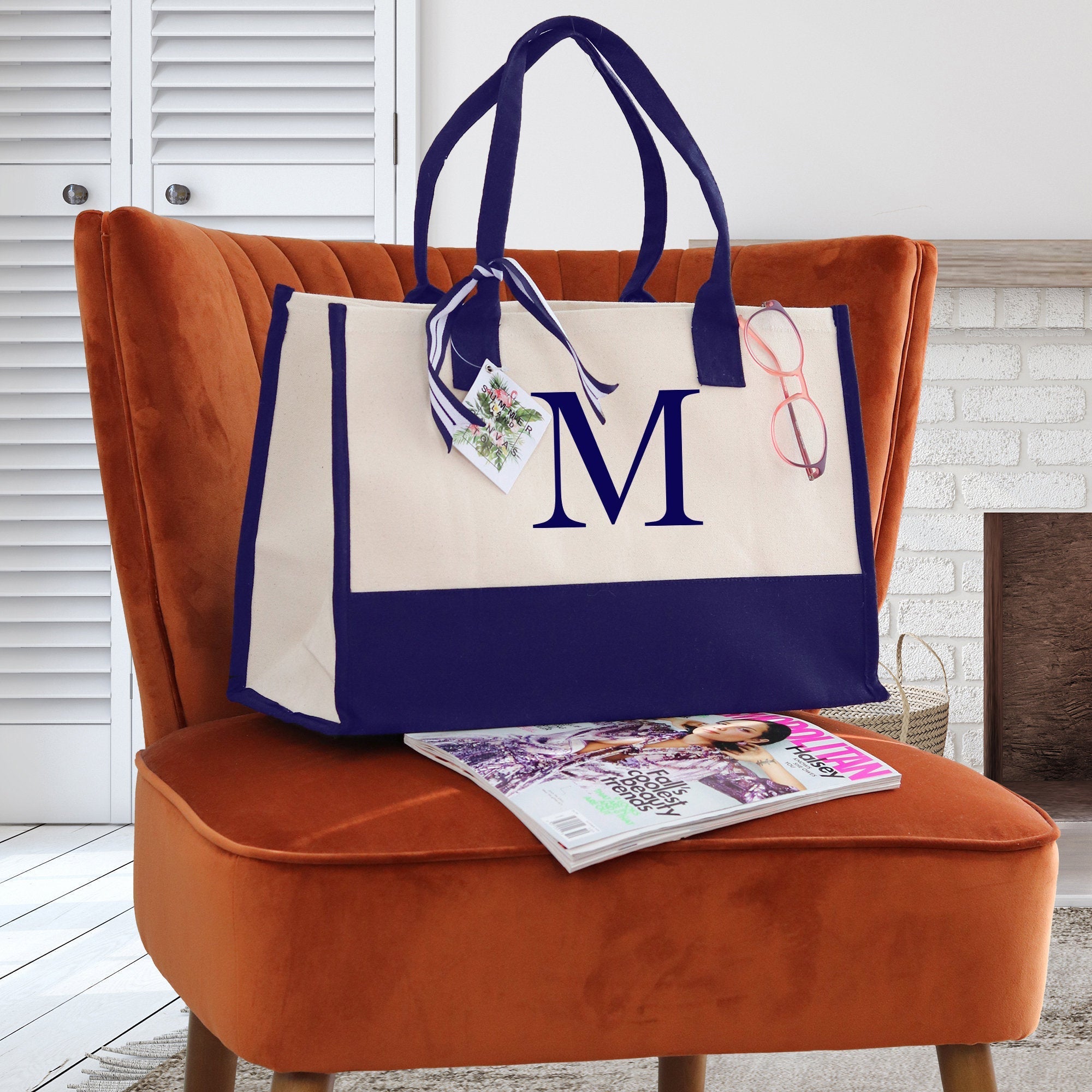 Personalized Cotton Canvas Beach Tote Bag Monogram Tote Bag Initial Canvas Tote Bridesmaid Gift Tote Custom Beach Bag Gift for Her A - Z - Che Cose Belle