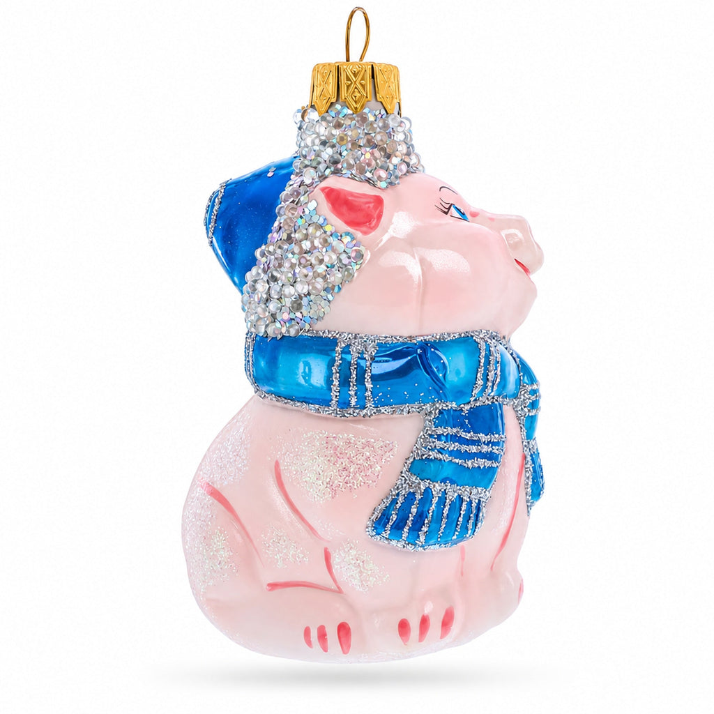 Piglet with Blue Scarf Glass Christmas Ornament - Che Cose Belle