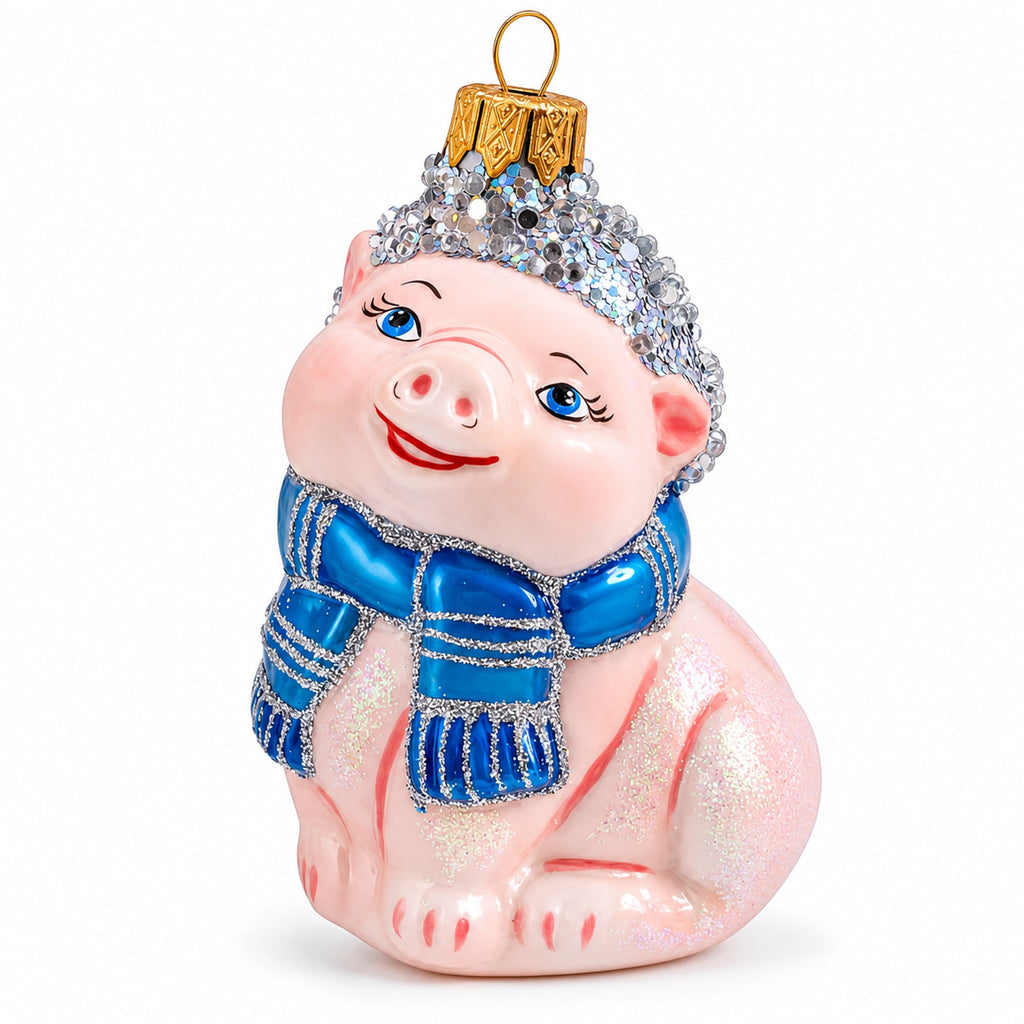 Piglet with Blue Scarf Glass Christmas Ornament - Che Cose Belle