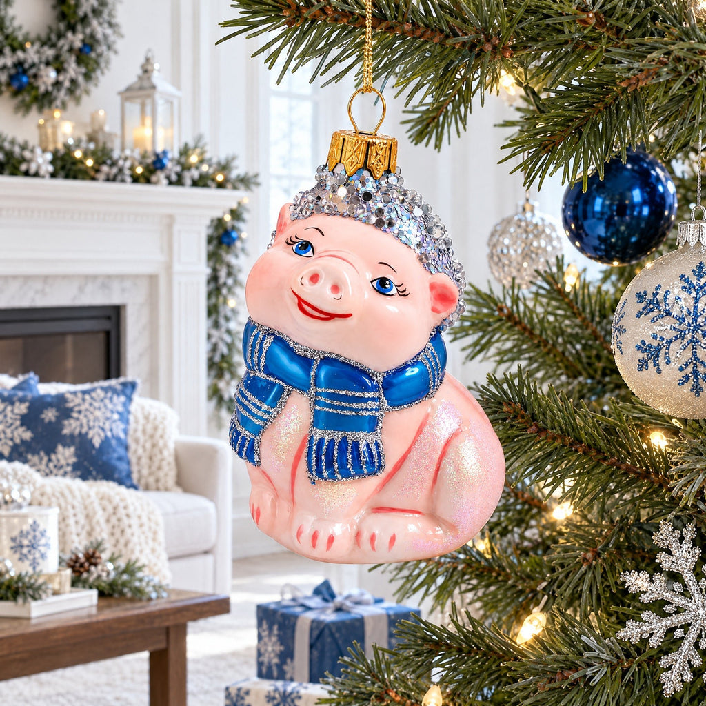 Piglet with Blue Scarf Glass Christmas Ornament - Che Cose Belle