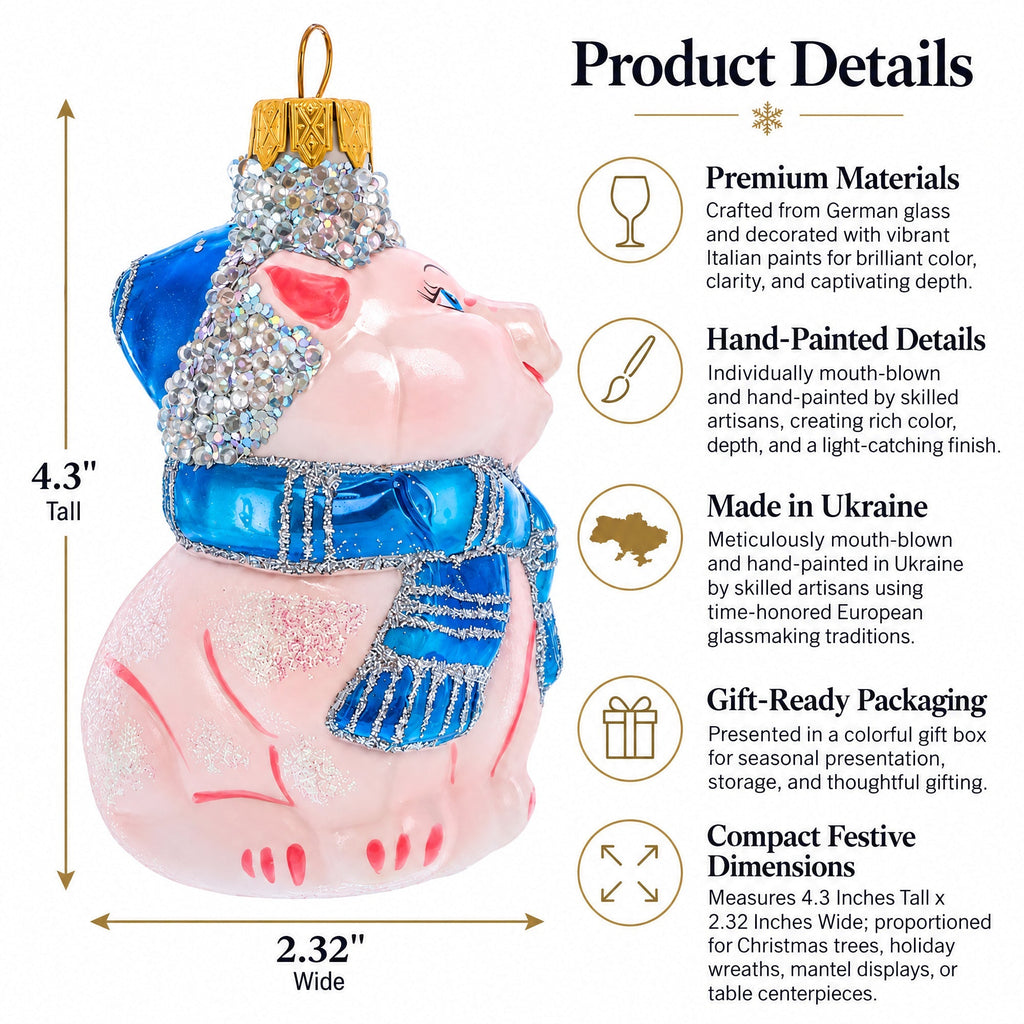 Piglet with Blue Scarf Glass Christmas Ornament - Che Cose Belle